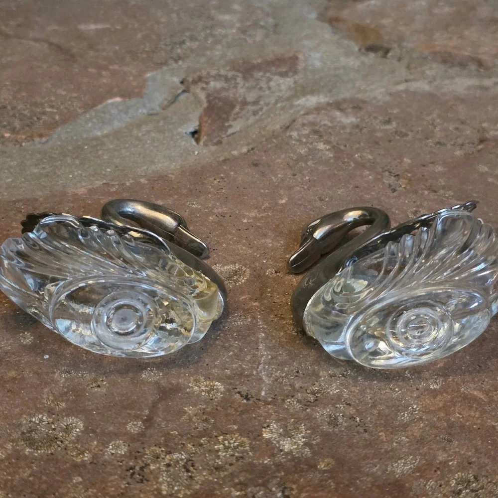 Vintage Italian Swan Salt Cellars Glass Plated Silver Hinged Wings Pair  trinket